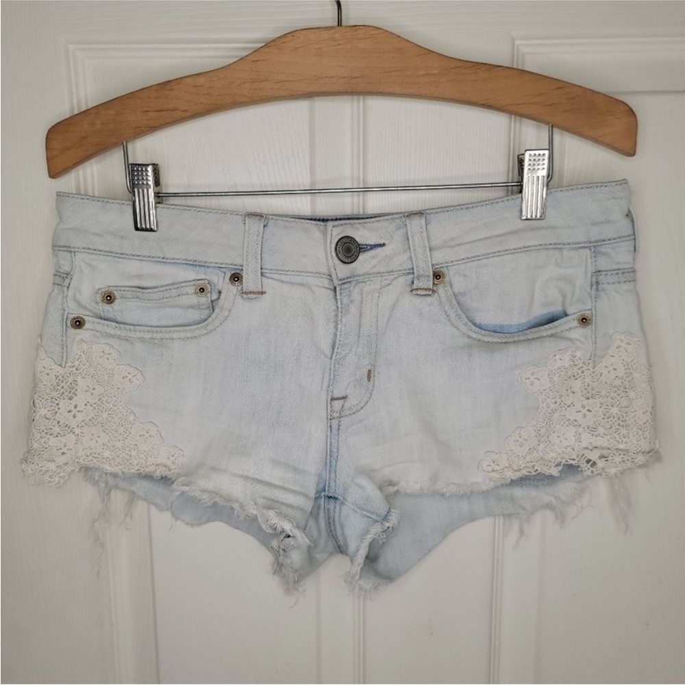 American Eagle AEO stretch denim jean shorts crochet lace 4